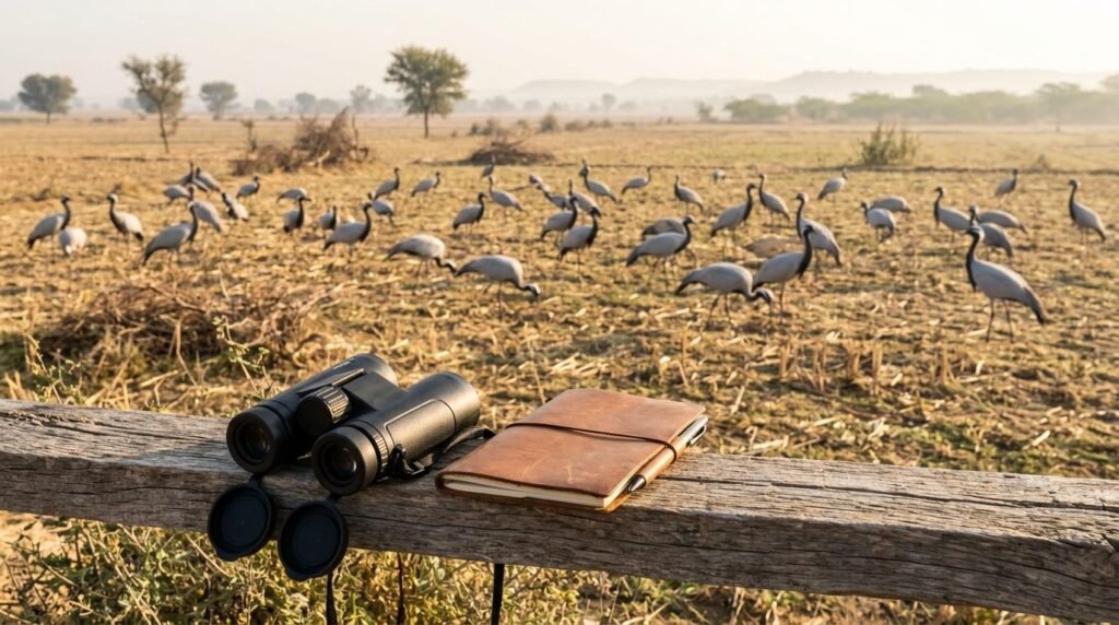 Binoculars and demoiselle cranes in a winter field