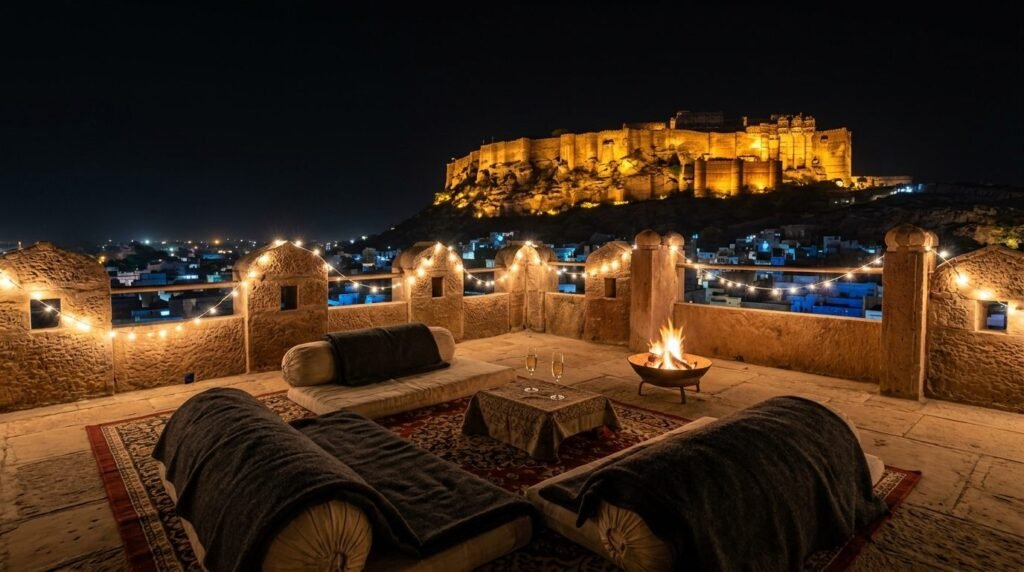 Rooftop New Year gathering with blankets and fairy lights