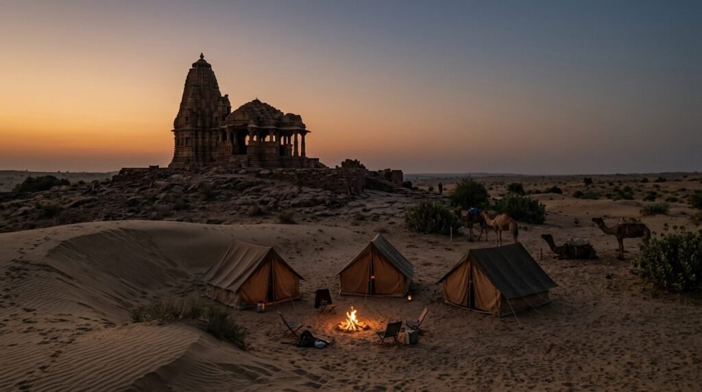Desert camp near dunes with a temple silhouette