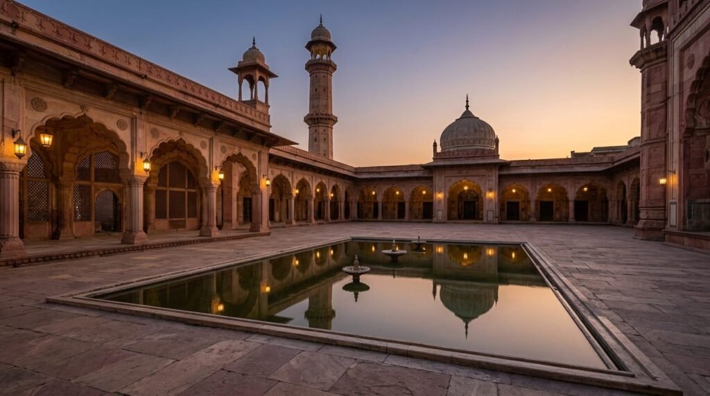 Quiet mosque courtyard with arches at evening