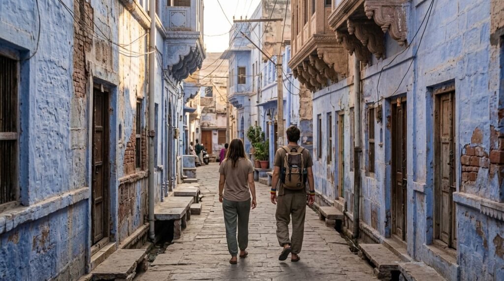 Two travellers walking together down a blue lane
