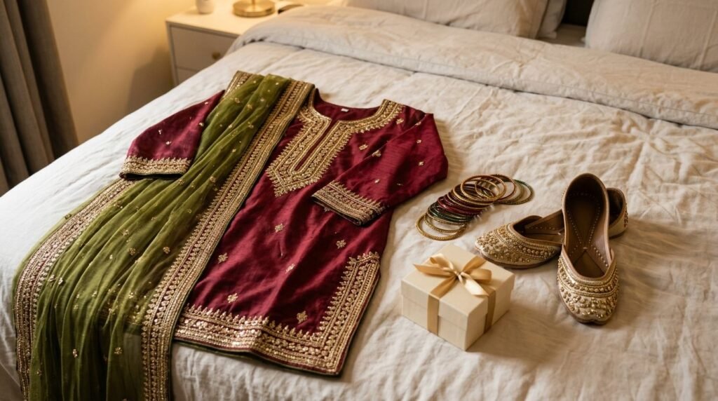 Wedding-guest outfit flat lay with dupatta and bangles