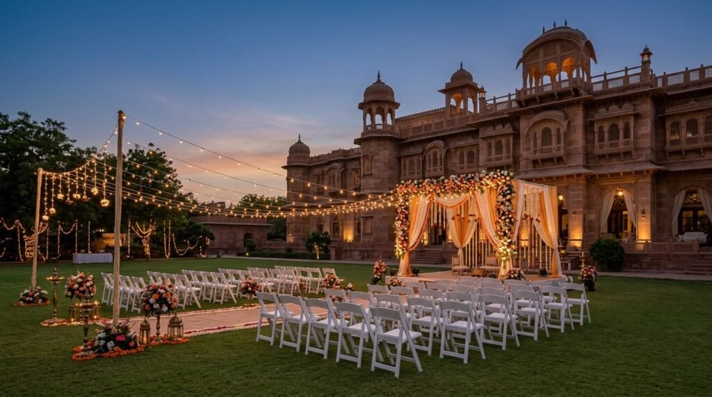 Lawn wedding setup with drapes at a heritage venue