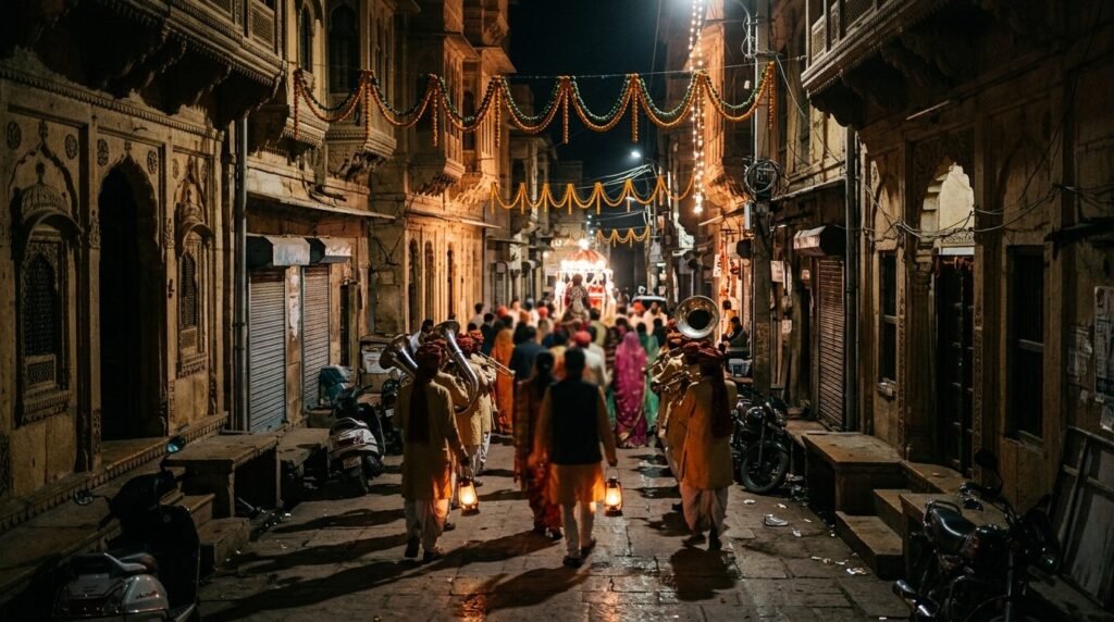 Wedding procession lights in a street at night