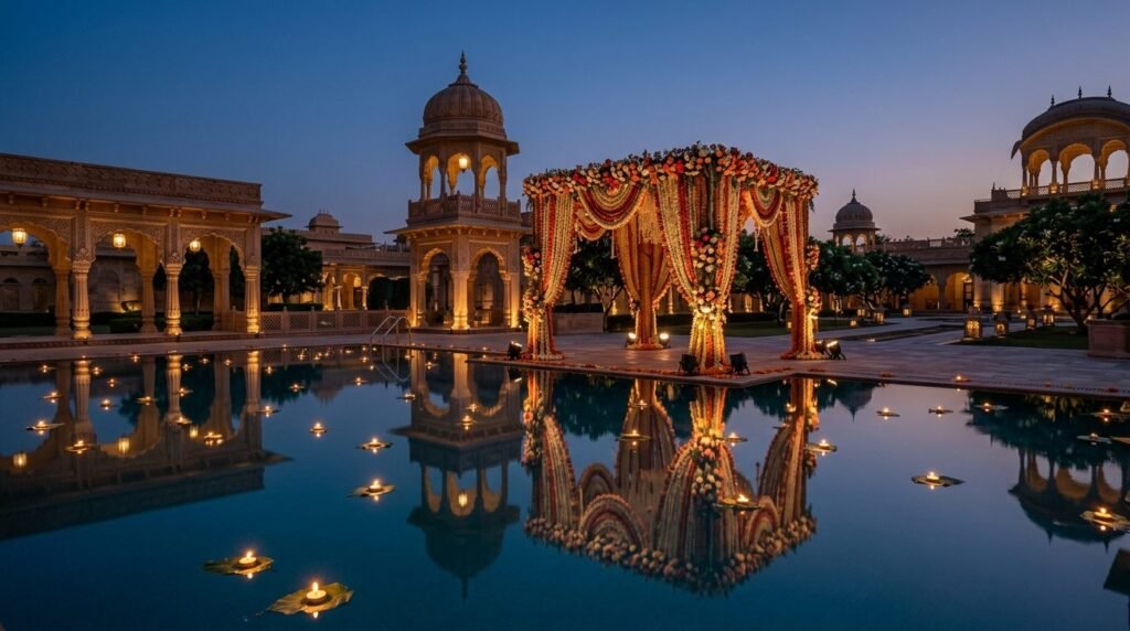 Poolside mandap with a floral arch at a palace venue