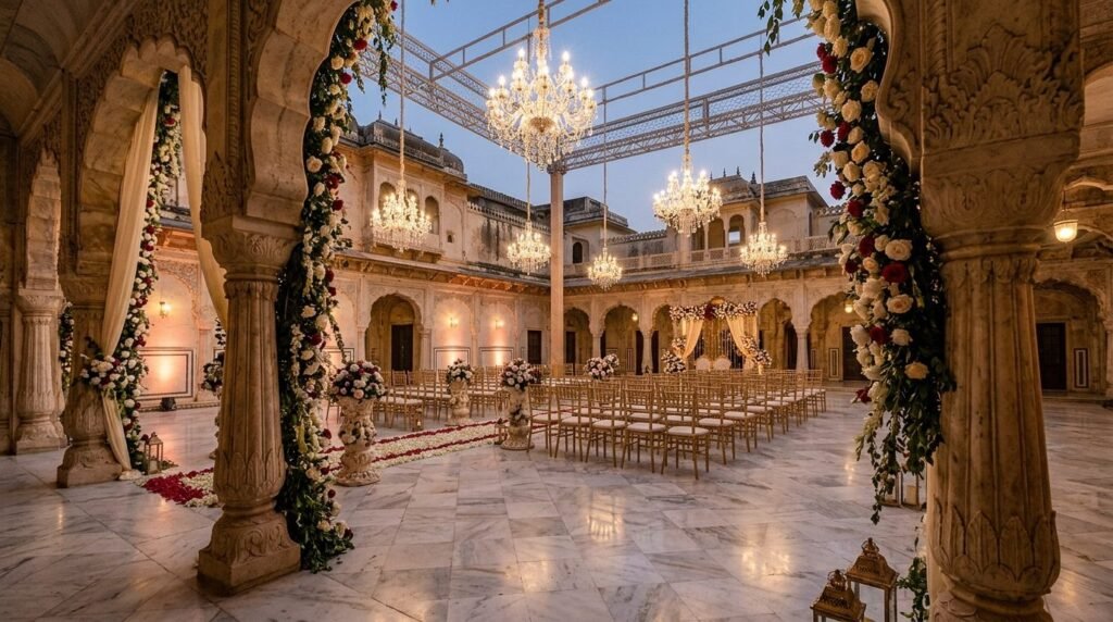 Marble courtyard hall with chandeliers for a royal wedding