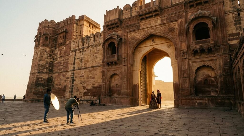 Couple in traditional outfits posing at a fort arch, distant