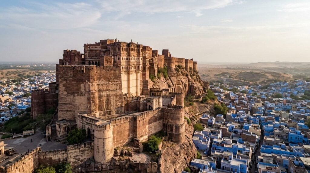 A massive hilltop fort with towering ramparts and bastions