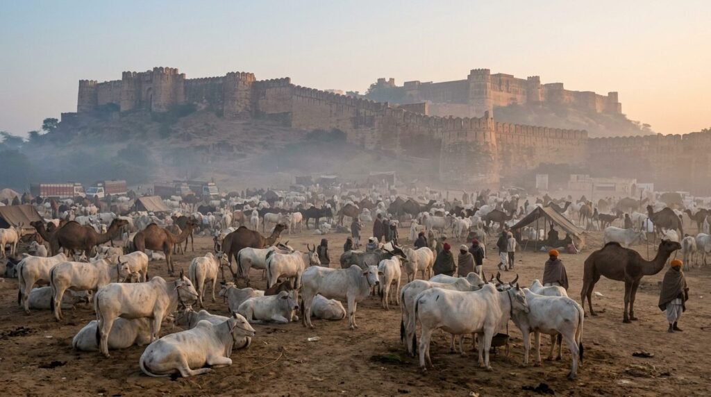 Cattle fair herds before restored fort walls