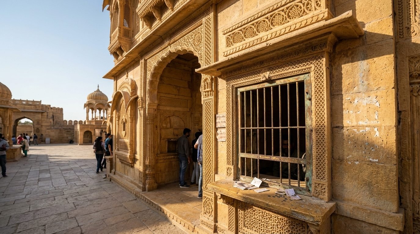 A handwritten fee board at a sandstone monument gate