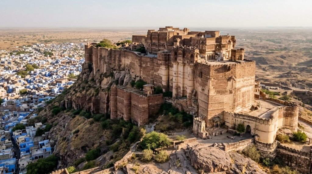 A massive hilltop fort with towering ramparts and bastions