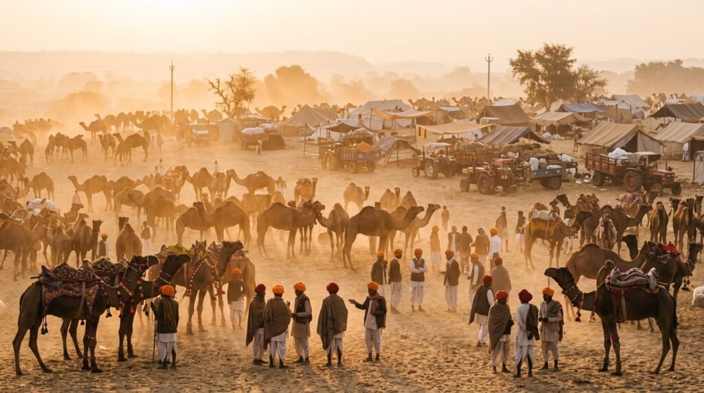 Decorated camels and traders at a desert fairground at dawn
