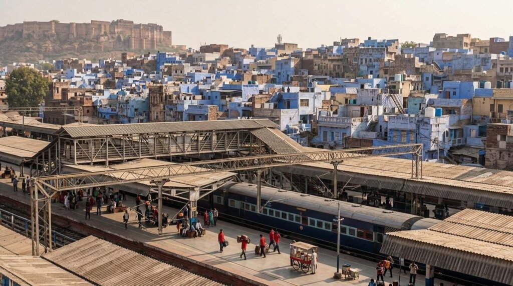 porters and chai vendors, steel trusses above