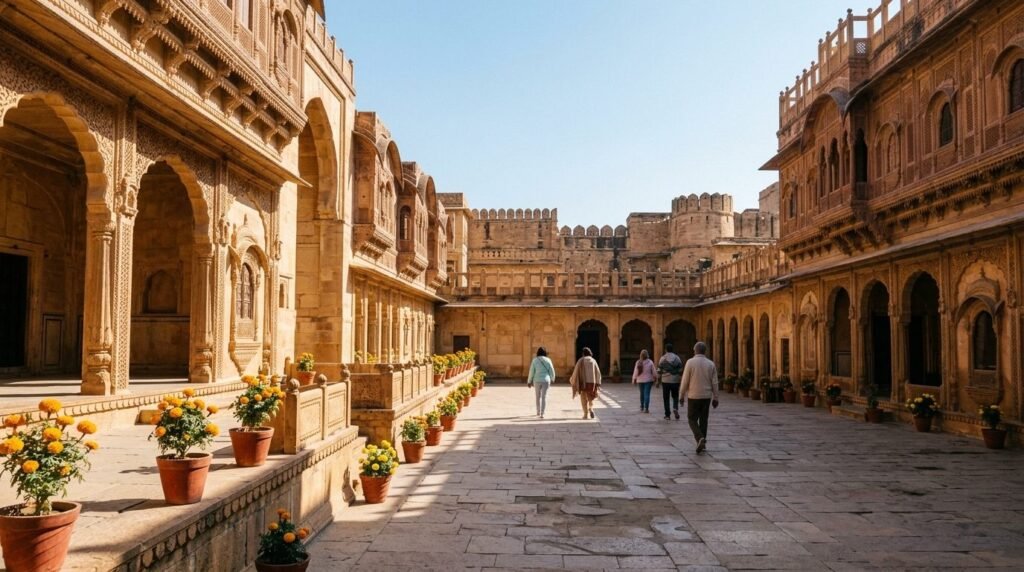 Fort courtyard in bright January sunshine, visitors in jackets