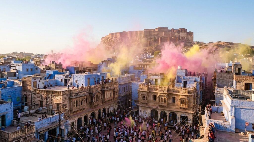 Clouds of pink and yellow colour powder hanging over an old square