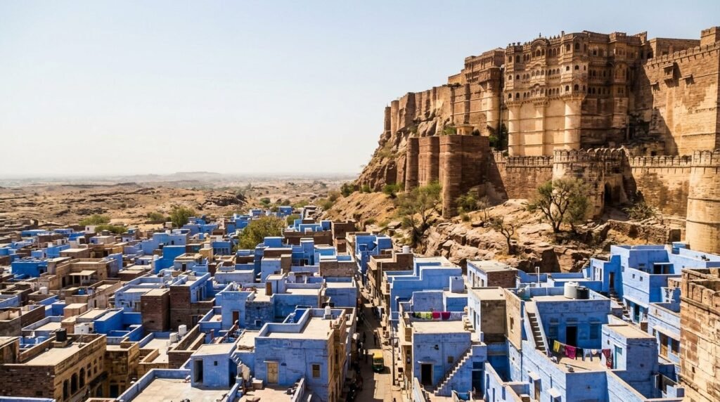 A striking heritage scene of warm sandstone architecture above a dense blue-wash