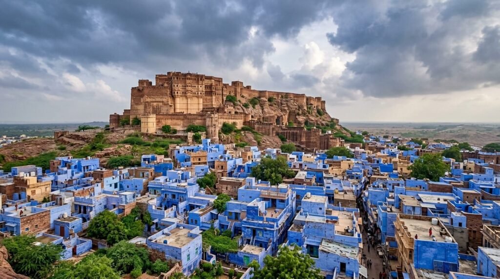 A striking heritage scene of warm sandstone architecture above a dense blue-wash