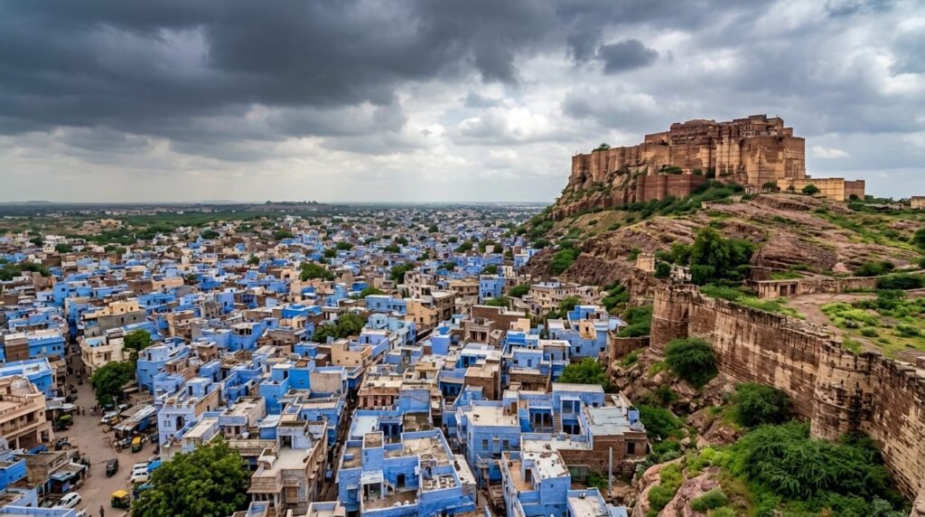 A striking heritage scene of warm sandstone architecture above a dense blue-wash