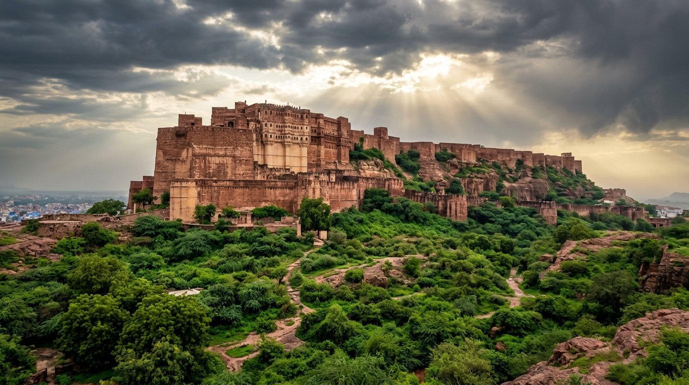 The fort over post-monsoon green, dramatic clearing sky