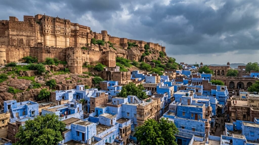 A striking heritage scene of warm sandstone architecture above a dense blue-wash