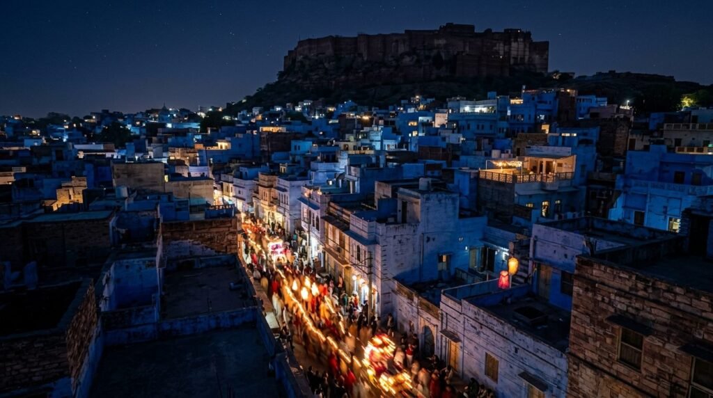 A wedding procession at night seen from a distance as warm blurred lights moving