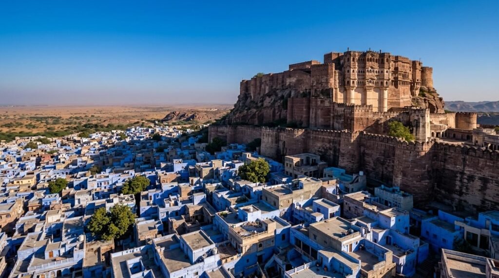 Fort ramparts in crisp November morning light above the blue city