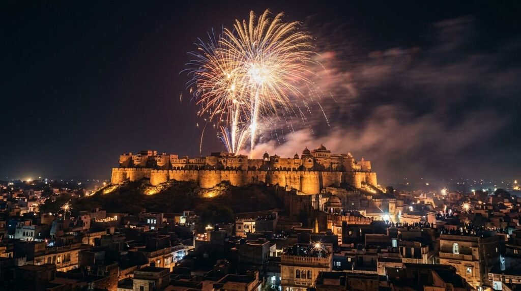 Fireworks bursting above a floodlit fort at midnight