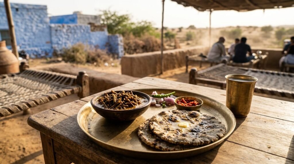 A bowl of desert-bean curry with bajra roti and chutney on a brass plate