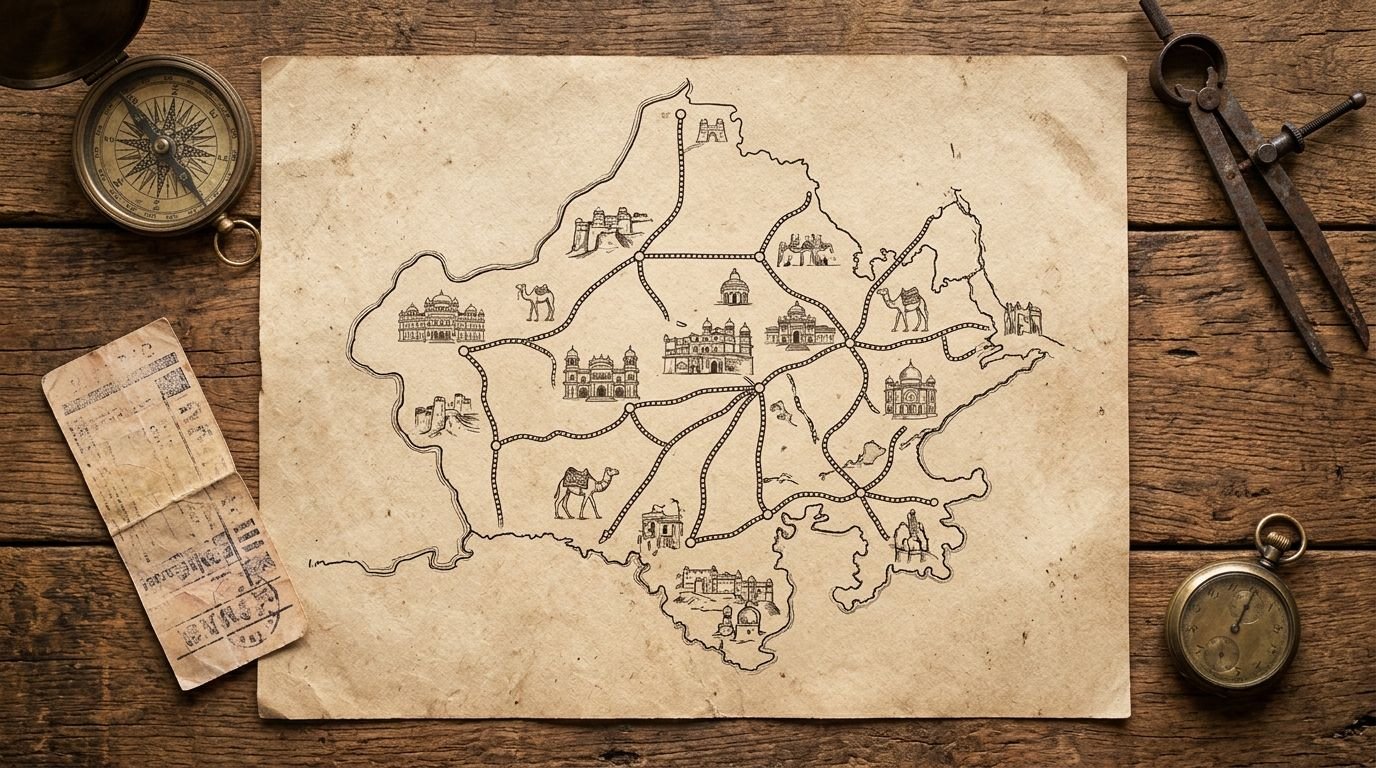 A desert rail route map with a transfer point marked