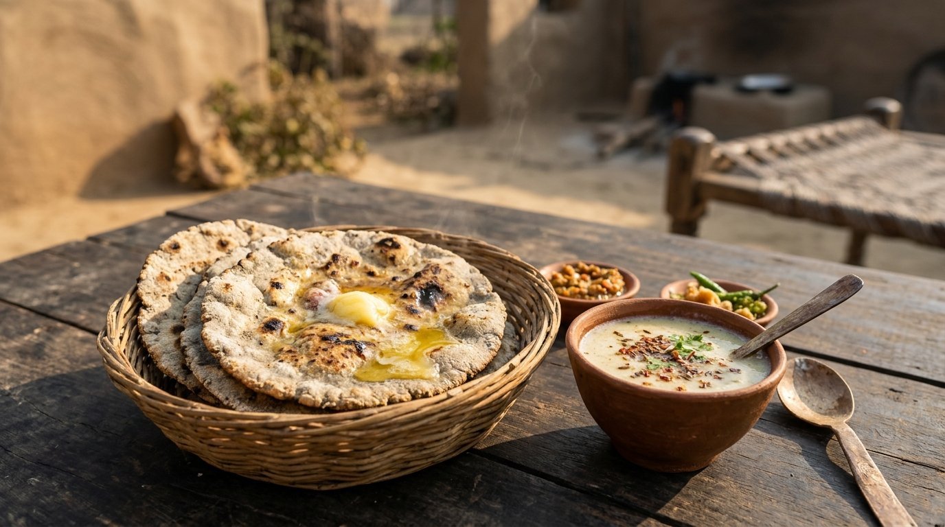 Bajra rotis on a basket with ghee melting, winter light