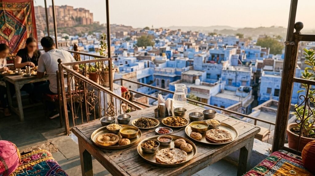 A food scene: local dishes on a table in a warm Jodhpur eatery