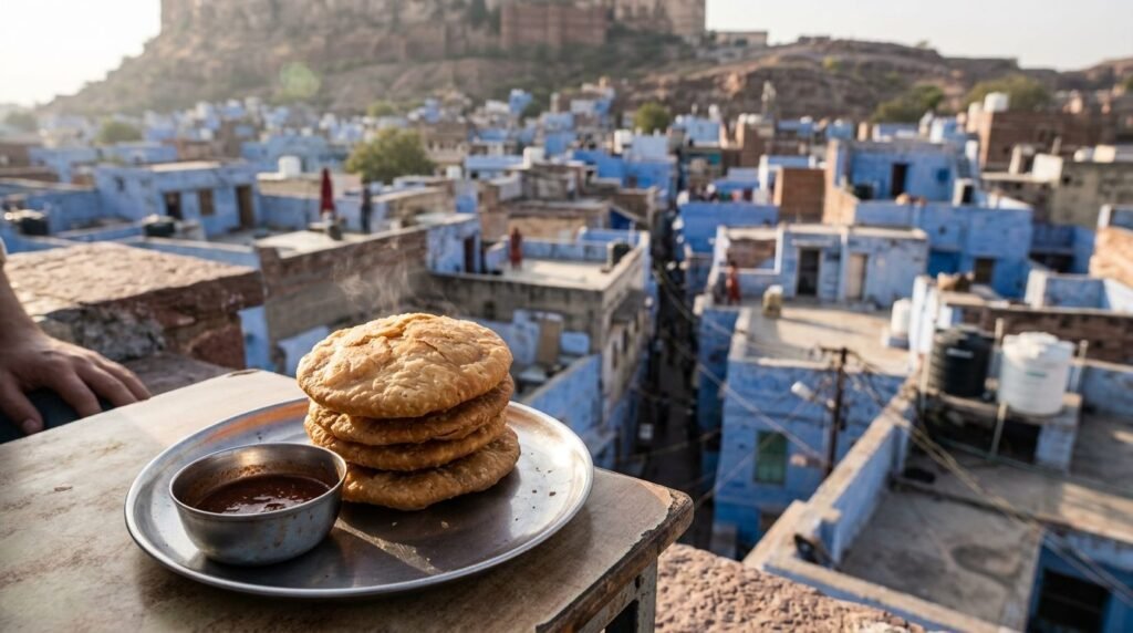 Golden fried kachoris stacked on a steel plate with red chutney and steam rising