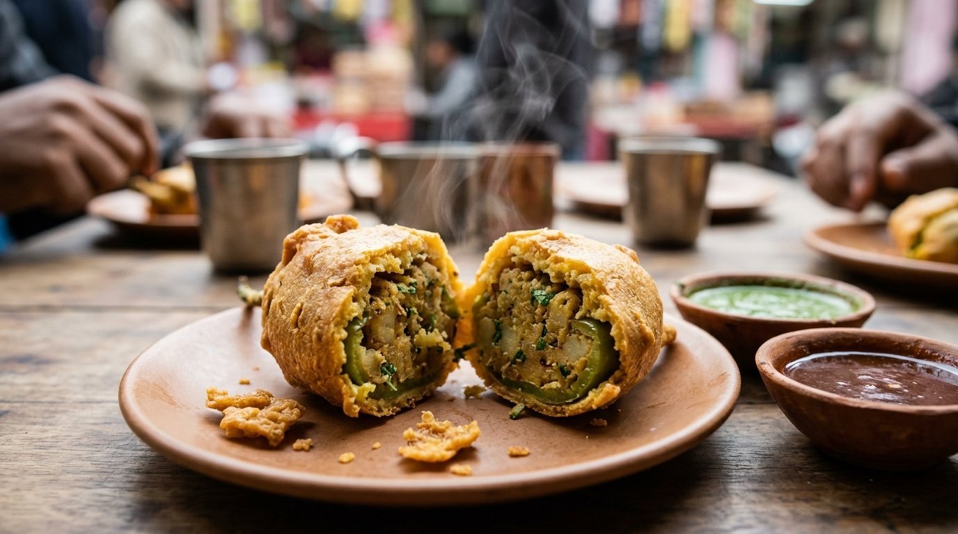 Mirchi vada split open, steam, chutney dips beside