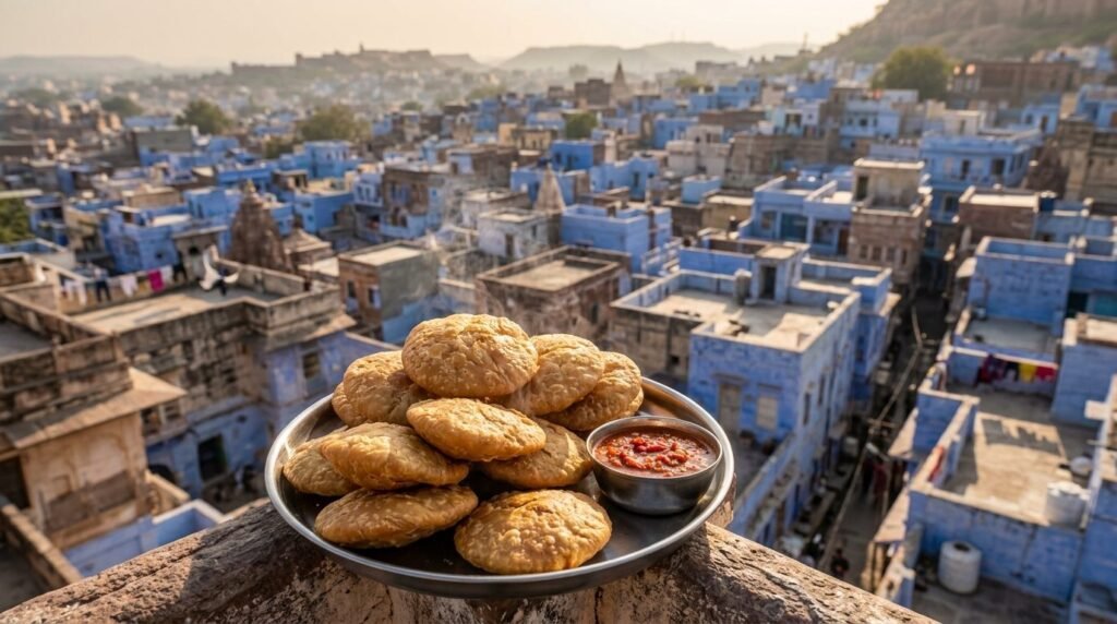 Golden fried kachoris stacked on a steel plate with red chutney and steam rising