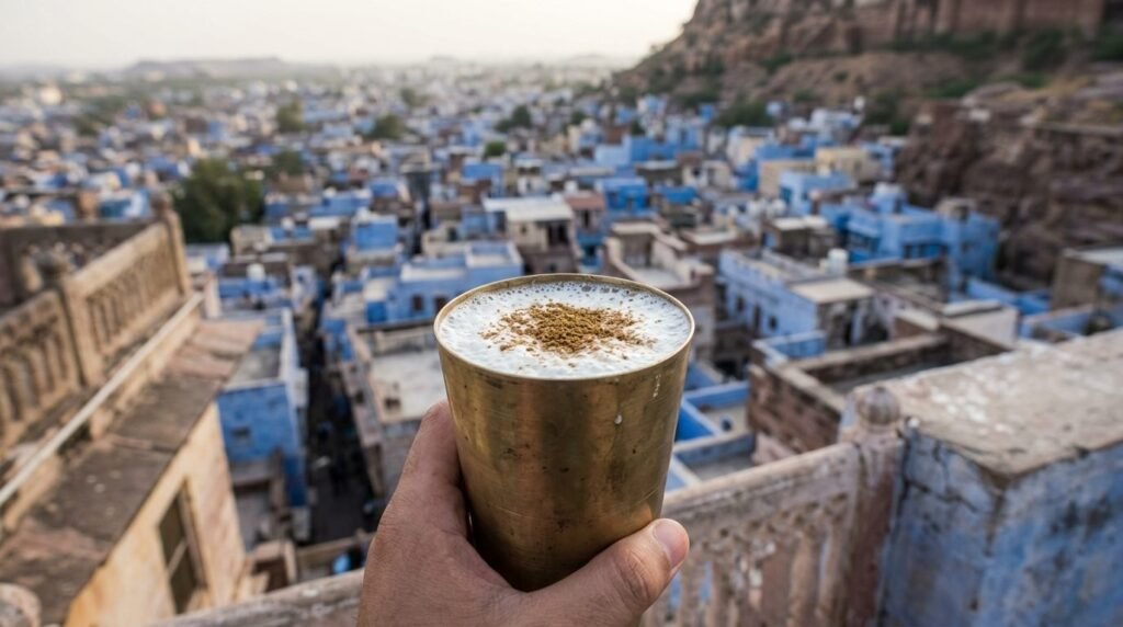Frothy salted buttermilk in a brass glass dusted with roasted cumin