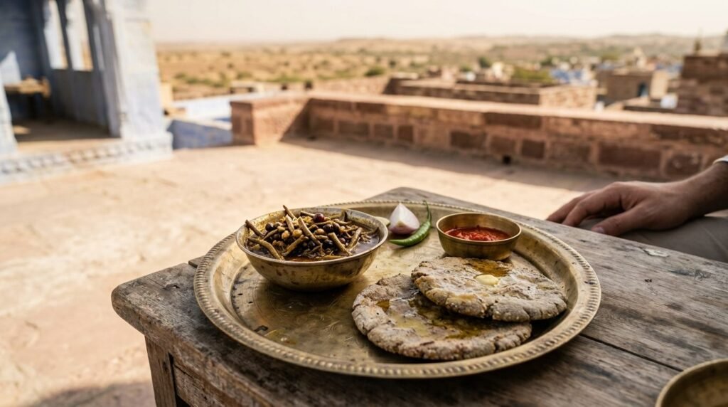 A bowl of desert-bean curry with bajra roti and chutney on a brass plate