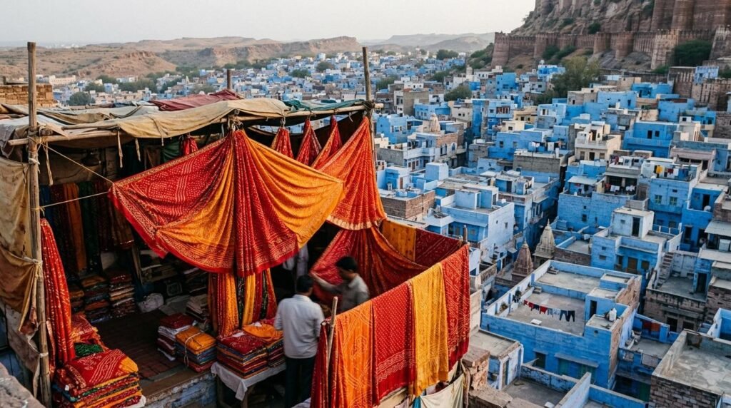 Bandhani tie-dye fabrics in vivid reds and yellows fanned open at a stall