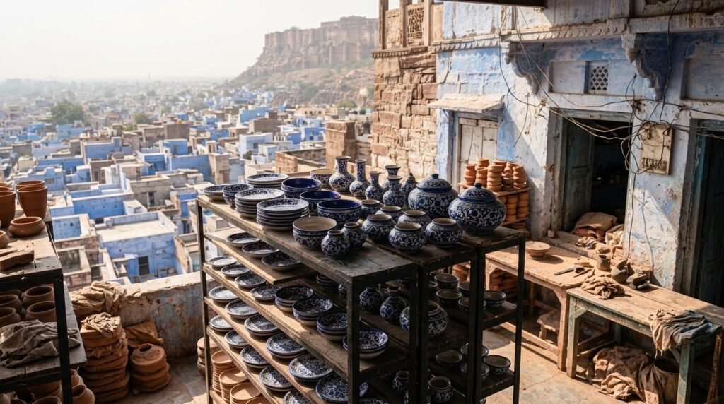 Blue-glazed pottery with fine floral patterns drying on workshop shelves