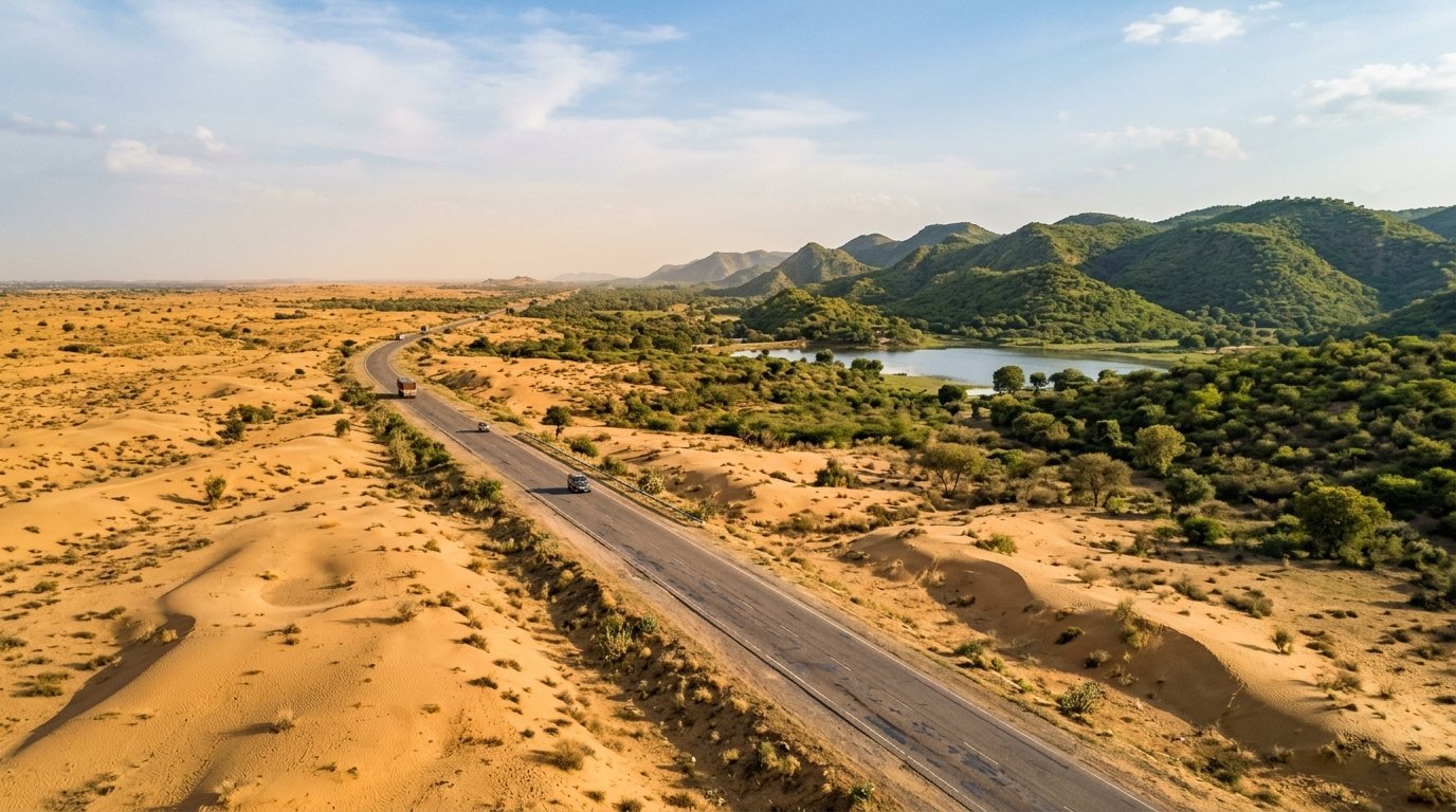 A long route line crossing the desert toward lake country