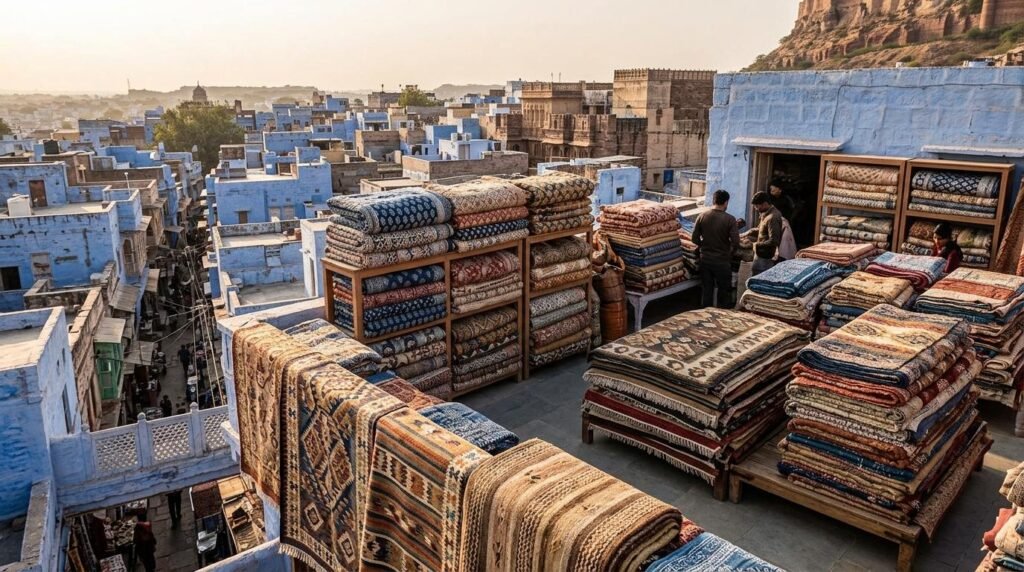 Hand block-printed quilts and woven durries stacked in a textile shop
