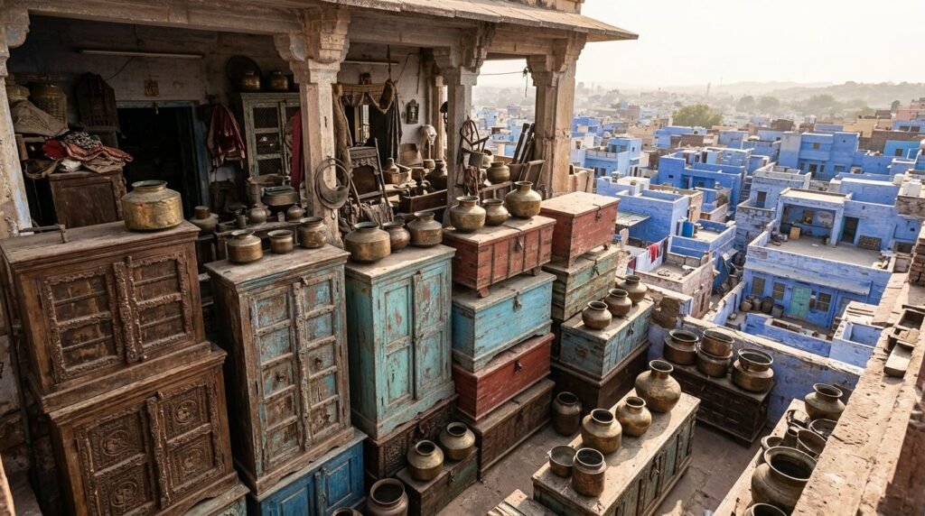 painted chests and brass pots in a dusty shop