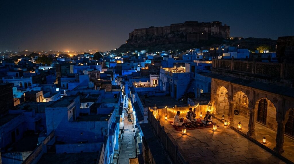 Folk musicians with a sarangi and kartals playing in a stone courtyard at night