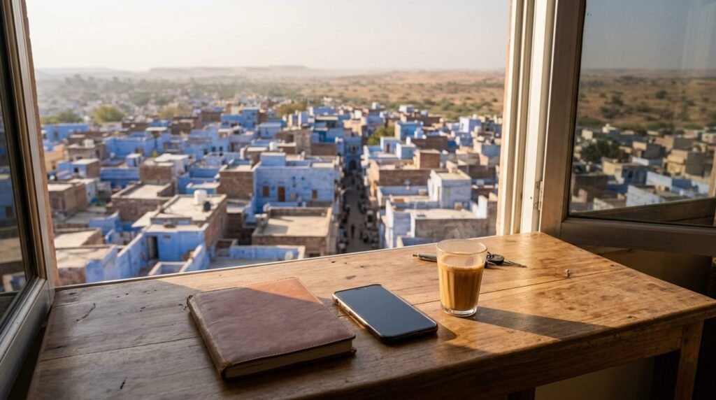 A practical travel scene: a notebook, phone and chai on a guesthouse desk with a