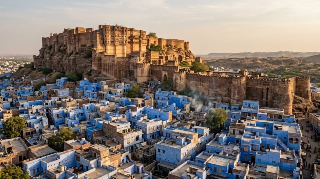 A striking heritage scene of warm sandstone architecture above a dense blue-wash