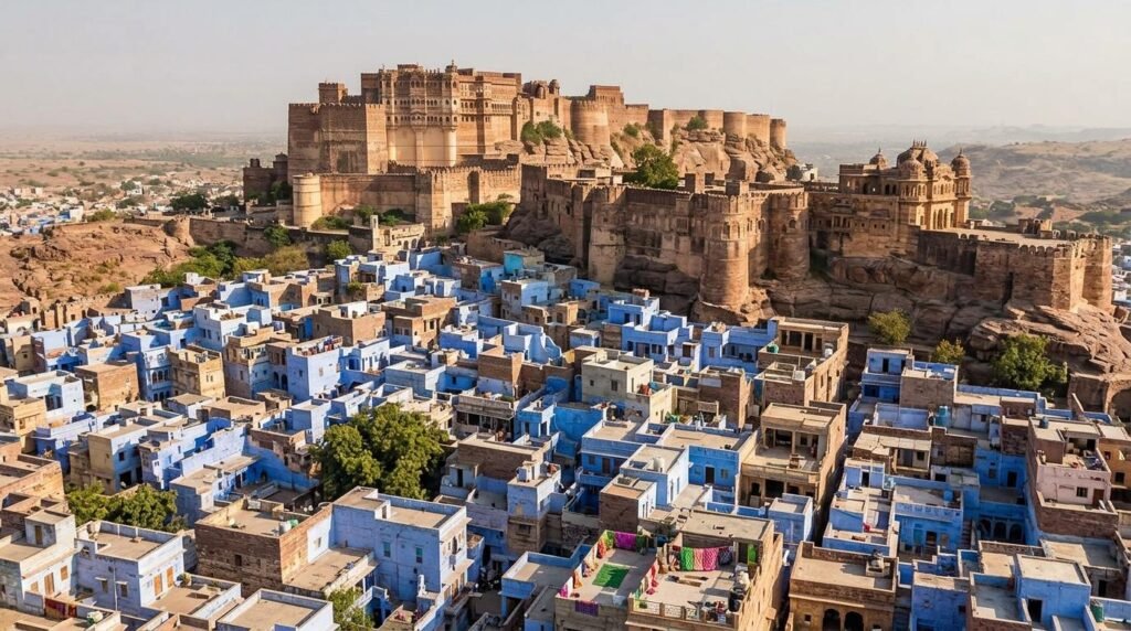 A striking heritage scene of warm sandstone architecture above a dense blue-wash