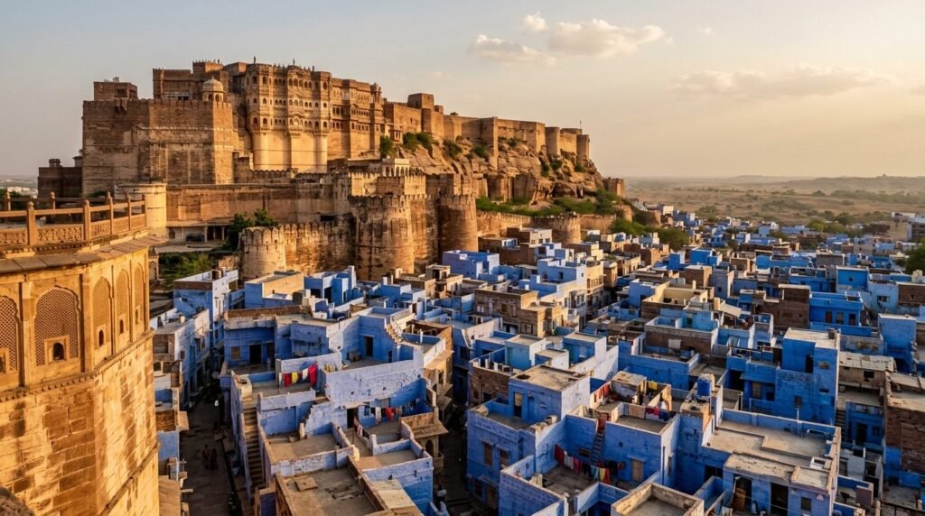 A striking heritage scene of warm sandstone architecture above a dense blue-wash