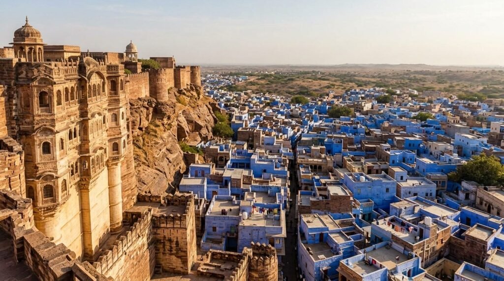 A striking heritage scene of warm sandstone architecture above a dense blue-wash