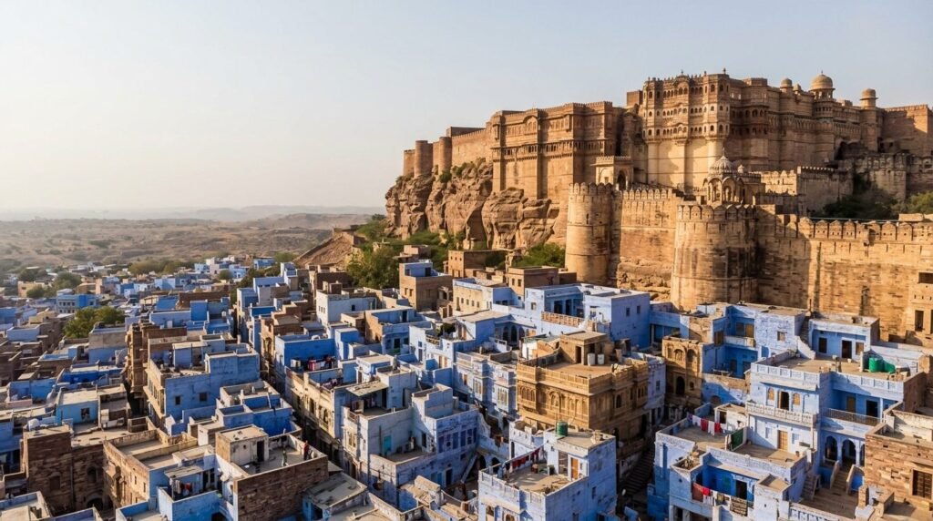 A striking heritage scene of warm sandstone architecture above a dense blue-wash