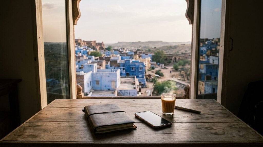 A practical travel scene: a notebook, phone and chai on a guesthouse desk with a