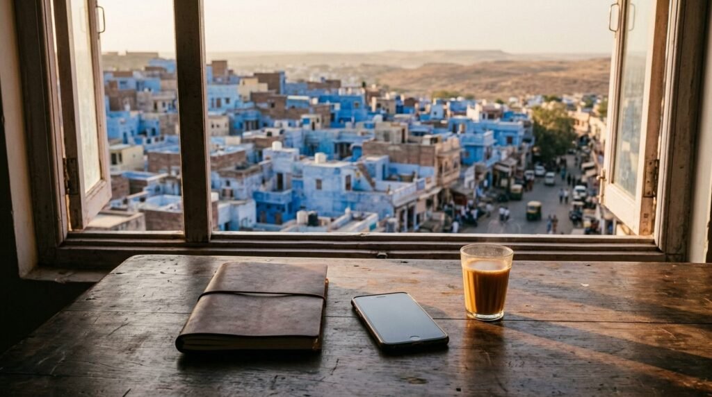 A practical travel scene: a notebook, phone and chai on a guesthouse desk with a